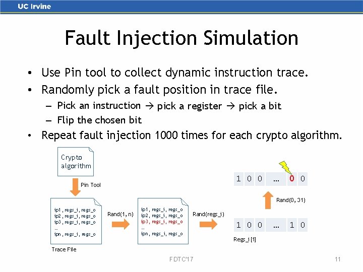 Fault Injection Simulation • Use Pin tool to collect dynamic instruction trace. • Randomly