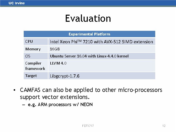 Evaluation Experimental Platform CPU Intel Xeon Phi. TM 7210 with AVX-512 SIMD extension Memory
