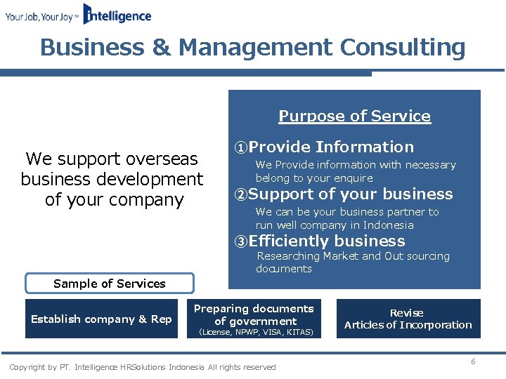 Business & Management Consulting 　　　　 Purpose of Service ①Provide Information We support overseas 　　