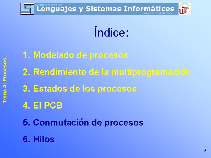 Tema 4: Procesos Índice: 1. Modelado de procesos 2. Rendimiento de la multiprogramación 3. Tema 4: Procesos Índice: 1. Modelado de procesos 2. Rendimiento de la multiprogramación 3.