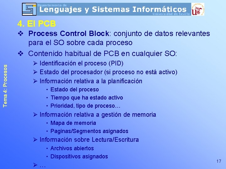 4. El PCB Tema 4: Procesos v Process Control Block: conjunto de datos relevantes 4. El PCB Tema 4: Procesos v Process Control Block: conjunto de datos relevantes