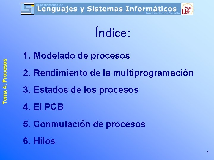 Tema 4: Procesos Índice: 1. Modelado de procesos 2. Rendimiento de la multiprogramación 3. Tema 4: Procesos Índice: 1. Modelado de procesos 2. Rendimiento de la multiprogramación 3.