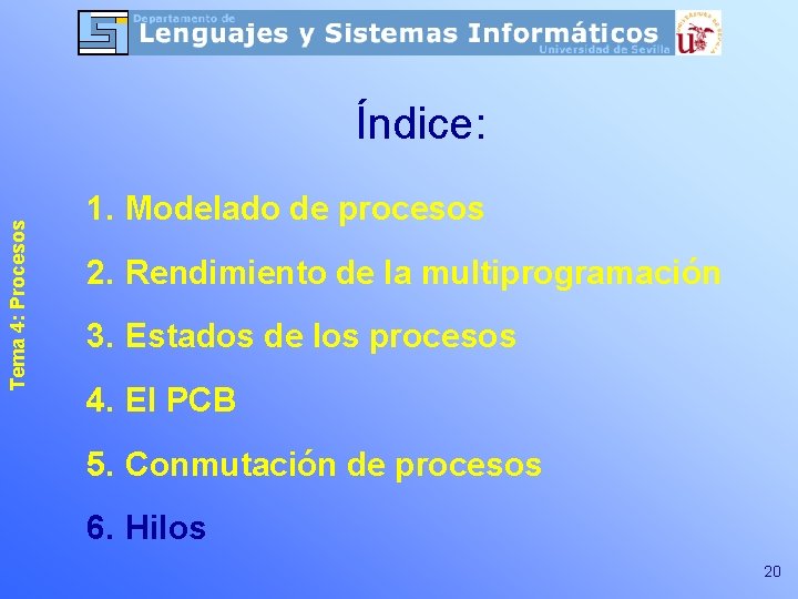 Tema 4: Procesos Índice: 1. Modelado de procesos 2. Rendimiento de la multiprogramación 3. Tema 4: Procesos Índice: 1. Modelado de procesos 2. Rendimiento de la multiprogramación 3.