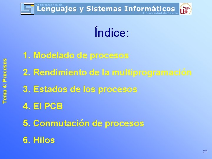 Tema 4: Procesos Índice: 1. Modelado de procesos 2. Rendimiento de la multiprogramación 3. Tema 4: Procesos Índice: 1. Modelado de procesos 2. Rendimiento de la multiprogramación 3.