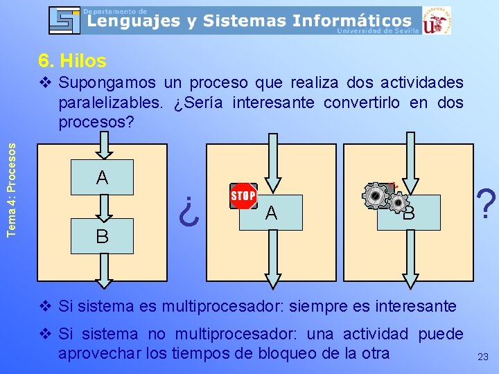 6. Hilos Tema 4: Procesos v Supongamos un proceso que realiza dos actividades paralelizables. 6. Hilos Tema 4: Procesos v Supongamos un proceso que realiza dos actividades paralelizables.