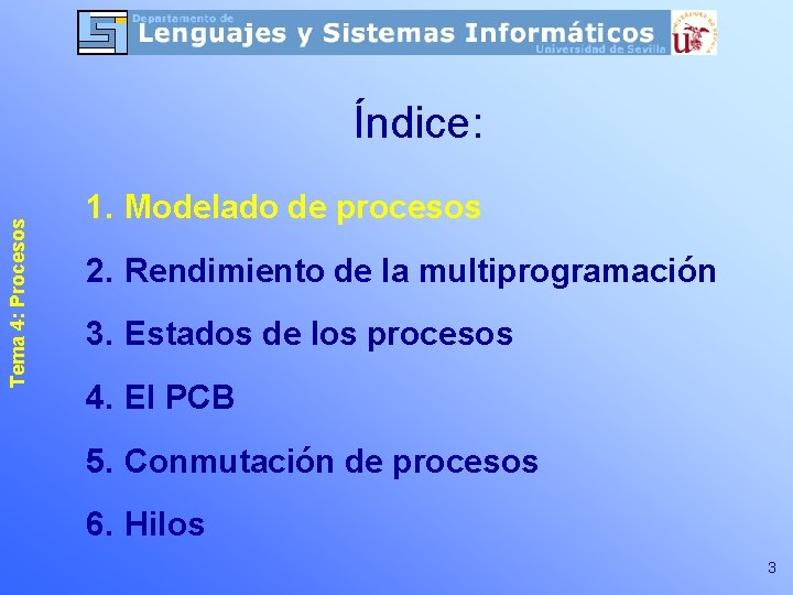 Tema 4: Procesos Índice: 1. Modelado de procesos 2. Rendimiento de la multiprogramación 3. Tema 4: Procesos Índice: 1. Modelado de procesos 2. Rendimiento de la multiprogramación 3.