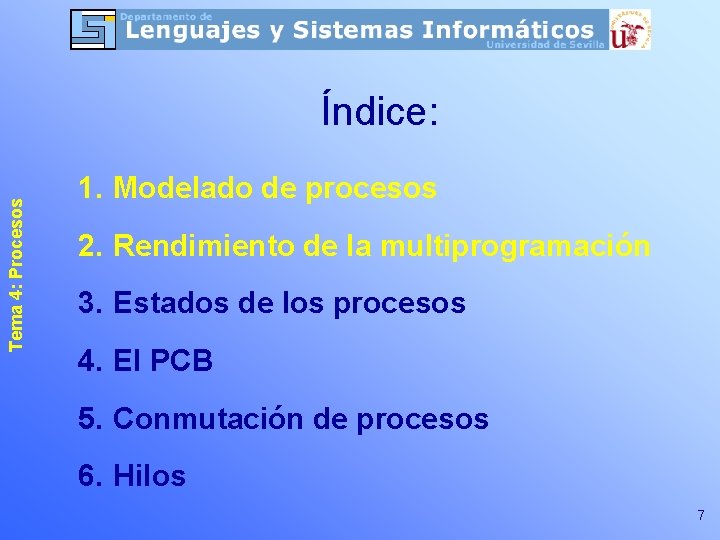 Tema 4: Procesos Índice: 1. Modelado de procesos 2. Rendimiento de la multiprogramación 3. Tema 4: Procesos Índice: 1. Modelado de procesos 2. Rendimiento de la multiprogramación 3.
