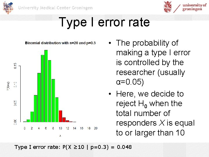 Type I error rate • The probability of making a type I error is