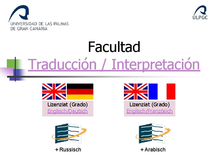 Facultad Traducción / Interpretación Lizenziat (Grado) Englisch/Deutsch + Russisch Lizenziat (Grado) Englisch/Französich + Arabisch