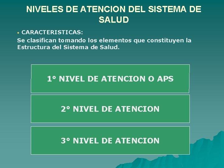 NIVELES DE ATENCION DEL SISTEMA DE SALUD CARACTERISTICAS: Se clasifican tomando los elementos que