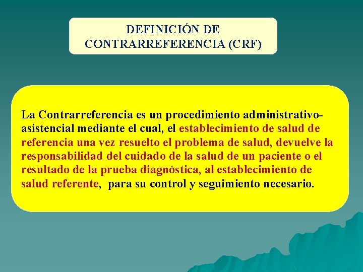 DEFINICIÓN DE CONTRARREFERENCIA (CRF) La Contrarreferencia es un procedimiento administrativoasistencial mediante el cual, el