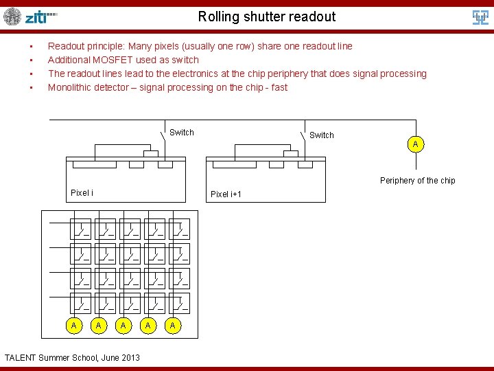 Rolling shutter readout • • Readout principle: Many pixels (usually one row) share one