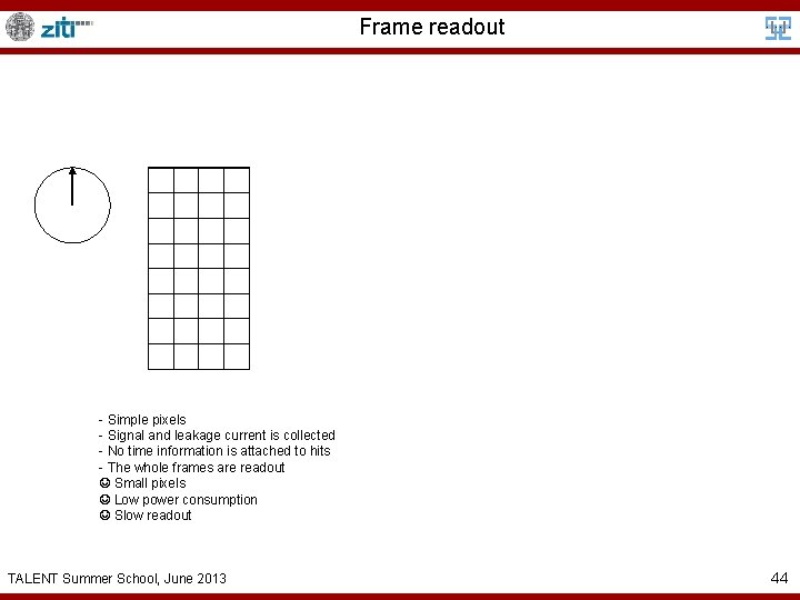 Frame readout - Simple pixels - Signal and leakage current is collected - No