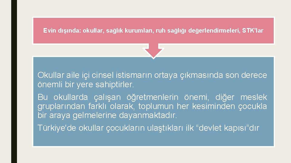 Evin dışında: okullar, sağlık kurumları, ruh sağlığı değerlendirmeleri, STK'lar Okullar aile içi cinsel istismarın