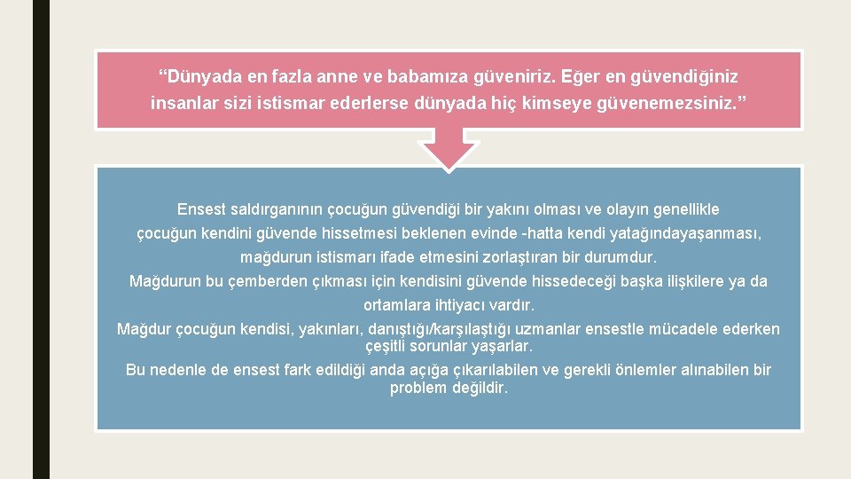 “Dünyada en fazla anne ve babamıza güveniriz. Eğer en güvendiğiniz insanlar sizi istismar ederlerse