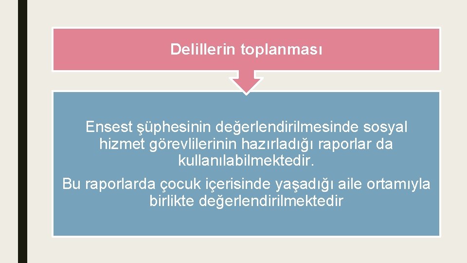 Delillerin toplanması Ensest şüphesinin değerlendirilmesinde sosyal hizmet görevlilerinin hazırladığı raporlar da kullanılabilmektedir. Bu raporlarda