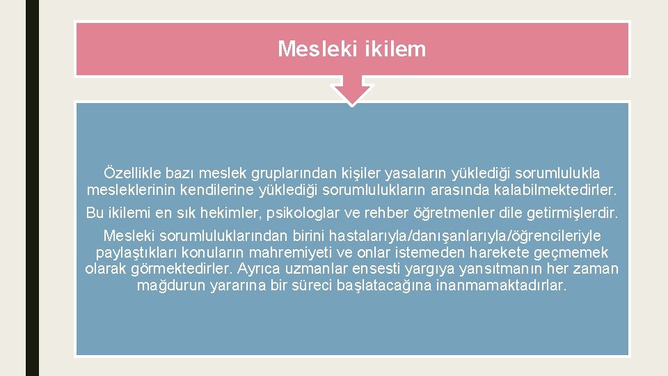 Mesleki ikilem Özellikle bazı meslek gruplarından kişiler yasaların yüklediği sorumlulukla mesleklerinin kendilerine yüklediği sorumlulukların