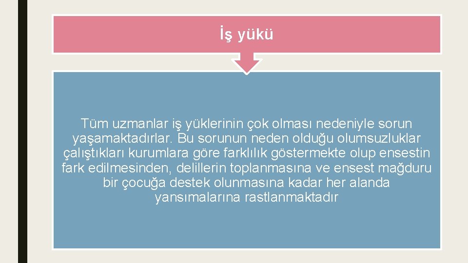 İş yükü Tüm uzmanlar iş yüklerinin çok olması nedeniyle sorun yaşamaktadırlar. Bu sorunun neden