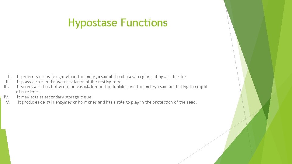 Hypostase Functions I. It prevents excessive growth of the embryo sac of the chalazal