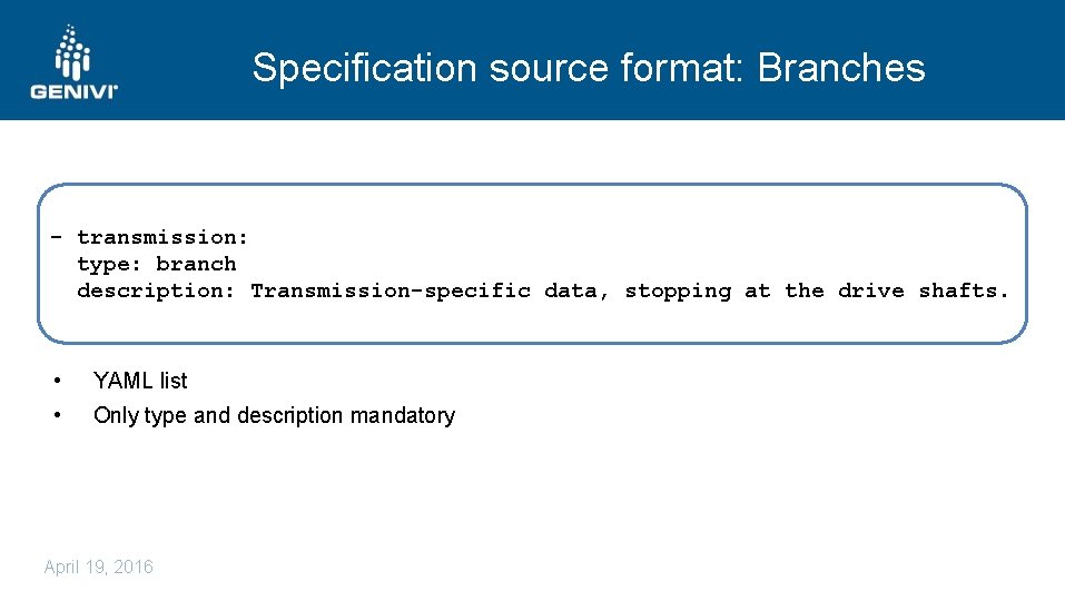 Specification source format: Branches - transmission: type: branch description: Transmission-specific data, stopping at the