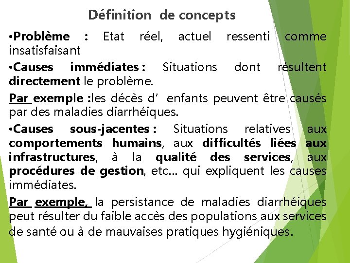 Définition de concepts • Problème : Etat réel, actuel ressenti comme insatisfaisant • Causes Définition de concepts • Problème : Etat réel, actuel ressenti comme insatisfaisant • Causes