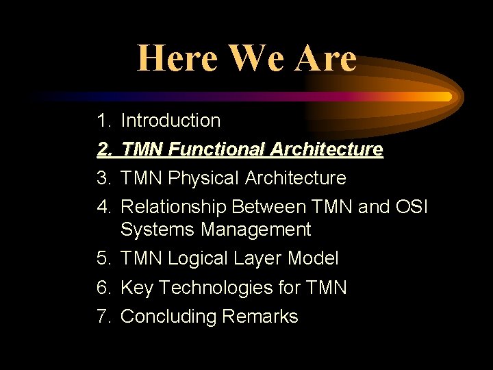 Here We Are 1. Introduction 2. TMN Functional Architecture 3. TMN Physical Architecture 4.