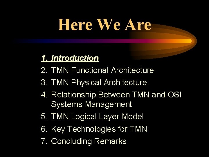 Here We Are 1. Introduction 2. TMN Functional Architecture 3. TMN Physical Architecture 4.