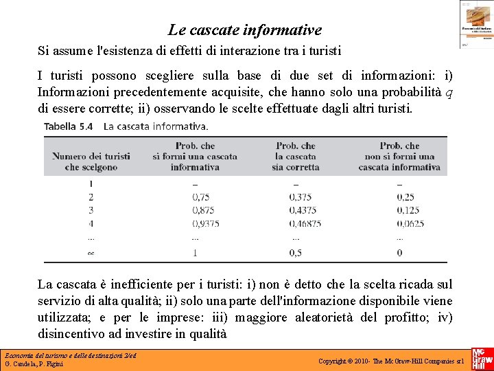 Le cascate informative Si assume l'esistenza di effetti di interazione tra i turisti I