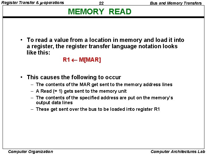 Register Transfer & -operations 22 Bus and Memory Transfers MEMORY READ • To read