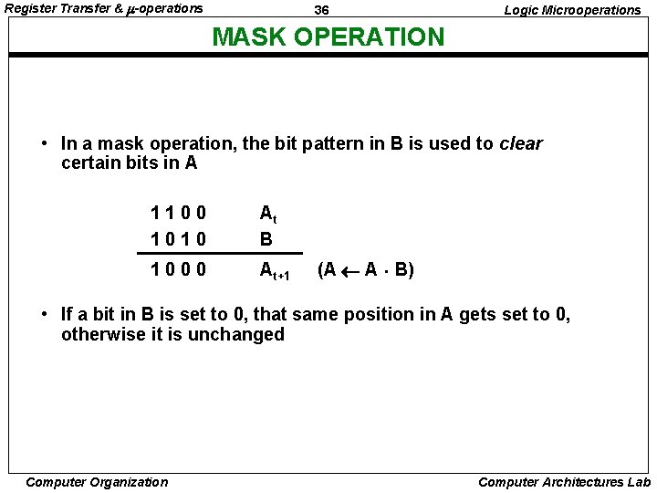 Register Transfer & -operations 36 Logic Microoperations MASK OPERATION • In a mask operation,