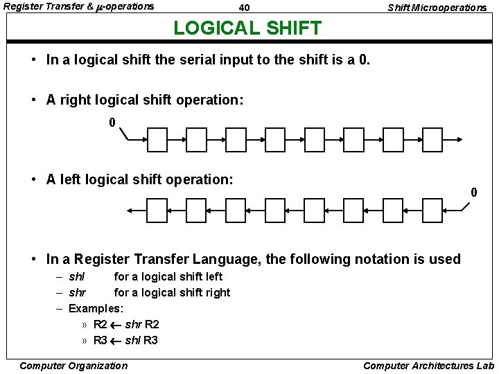 Register Transfer & -operations 40 Shift Microoperations LOGICAL SHIFT • In a logical shift