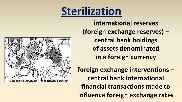 Sterilization international reserves (foreign exchange reserves) – central bank holdings of assets denominated in