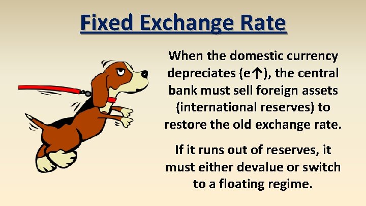 Fixed Exchange Rate When the domestic currency depreciates (e↑), the central bank must sell