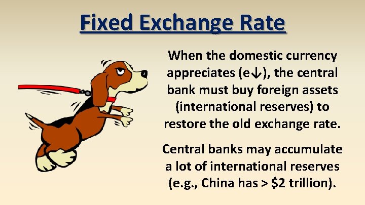 Fixed Exchange Rate When the domestic currency appreciates (e↓), the central bank must buy