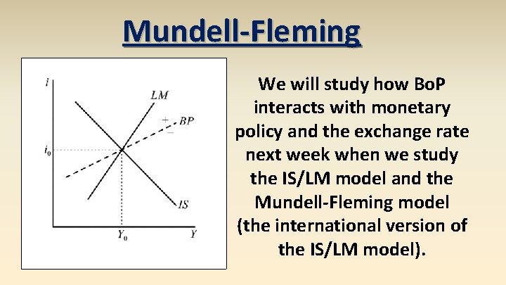 Mundell-Fleming We will study how Bo. P interacts with monetary policy and the exchange