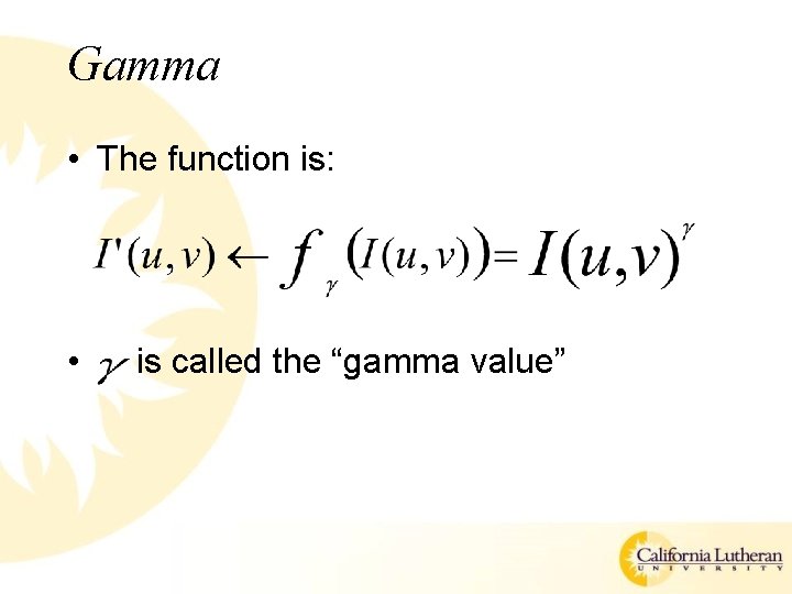 Gamma • The function is: • is called the “gamma value” 