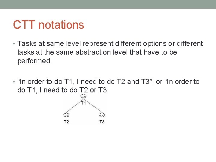 CTT notations • Tasks at same level represent different options or different tasks at