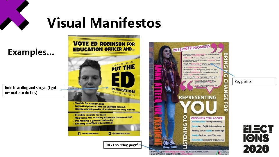 Visual Manifestos Examples… Key points Bold branding and slogan (I got my mate to Visual Manifestos Examples… Key points Bold branding and slogan (I got my mate to