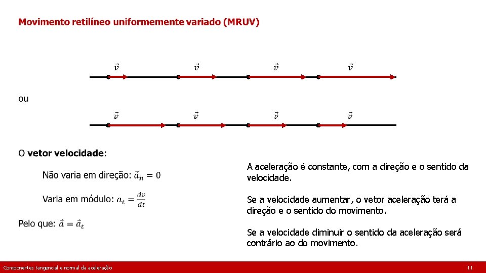  A aceleração é constante, com a direção e o sentido da velocidade. Se