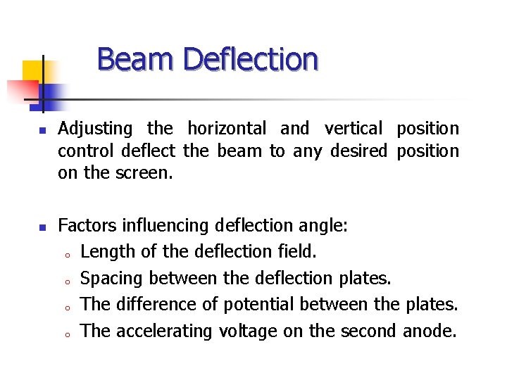Beam Deflection n n Adjusting the horizontal and vertical position control deflect the beam