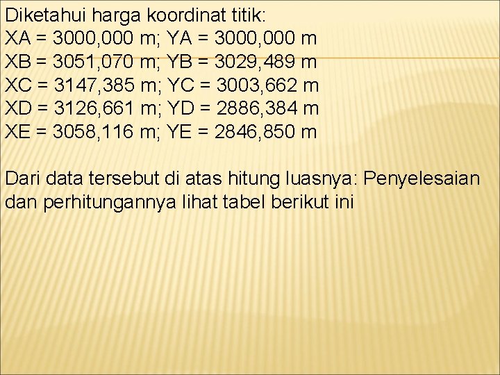 Diketahui harga koordinat titik: XA = 3000, 000 m; YA = 3000, 000 m