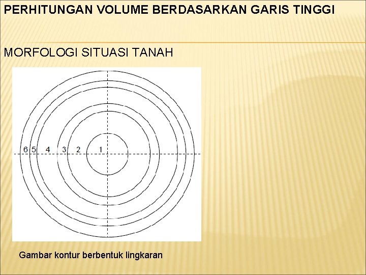 PERHITUNGAN VOLUME BERDASARKAN GARIS TINGGI MORFOLOGI SITUASI TANAH Gambar kontur berbentuk lingkaran 