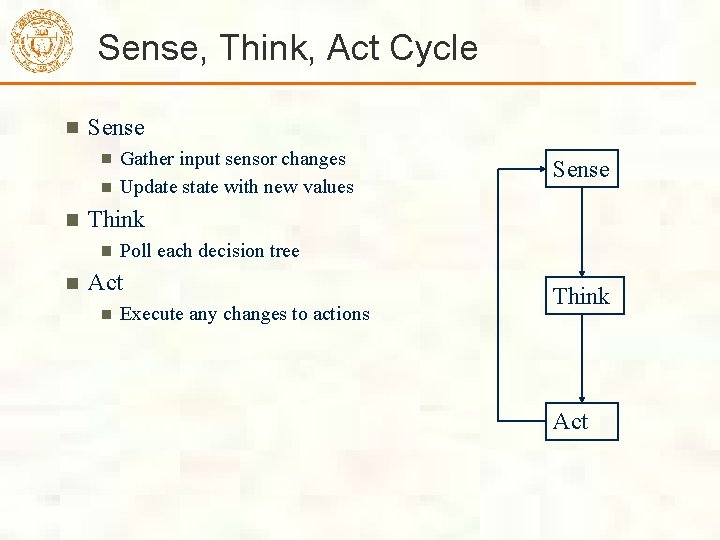 Sense, Think, Act Cycle Sense Gather input sensor changes Update state with new values Sense, Think, Act Cycle Sense Gather input sensor changes Update state with new values