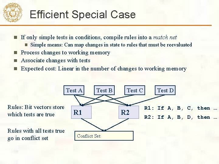 Efficient Special Case If only simple tests in conditions, compile rules into a match Efficient Special Case If only simple tests in conditions, compile rules into a match