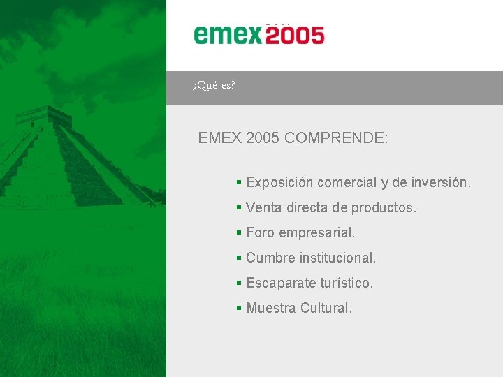 2005 ¿Qué es? EMEX 2005 COMPRENDE: § Exposición comercial y de inversión. § Venta