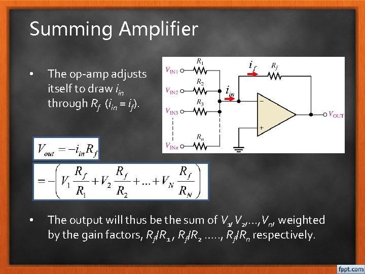 Summing Amplifier • The op-amp adjusts itself to draw iin through Rf (iin =