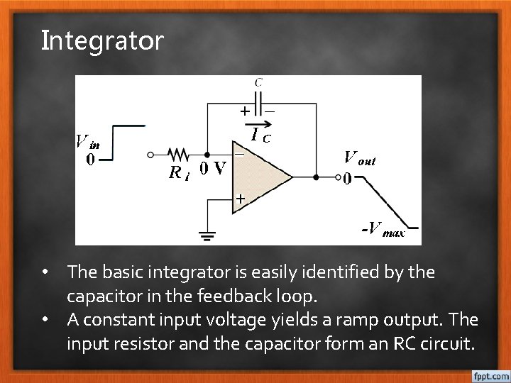 Integrator • The basic integrator is easily identified by the capacitor in the feedback