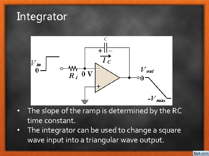 Integrator • The slope of the ramp is determined by the RC time constant.