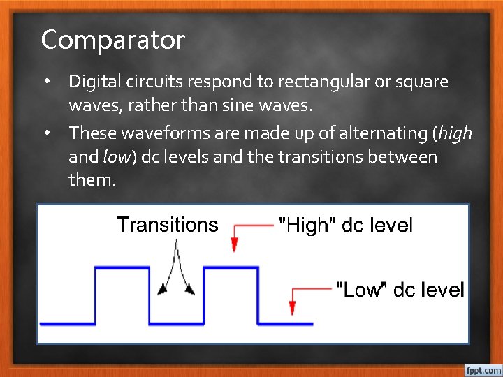 Comparator • Digital circuits respond to rectangular or square waves, rather than sine waves.