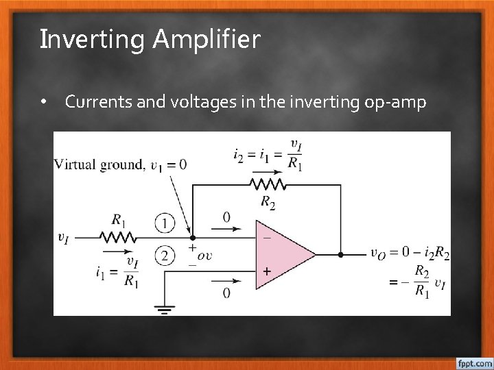 Inverting Amplifier • Currents and voltages in the inverting op-amp 